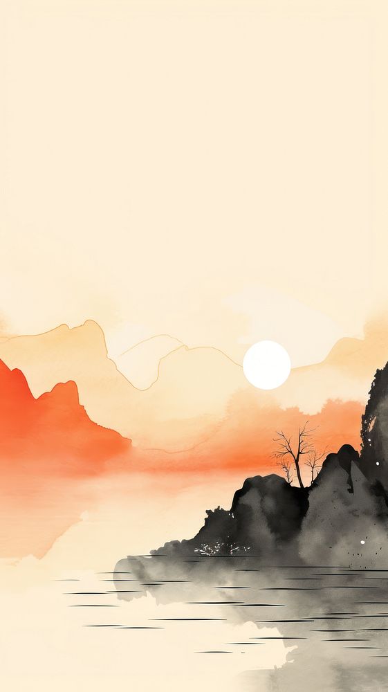 Mountains and sunrise chinese brush painting landscape sunlight.