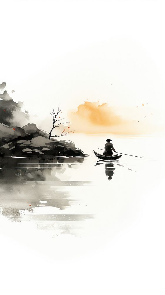 Old man fishing chinese brush silhouette outdoors painting.