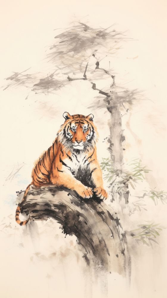 Orange tiger sitting under pine tree chinese brush wildlife painting drawing.