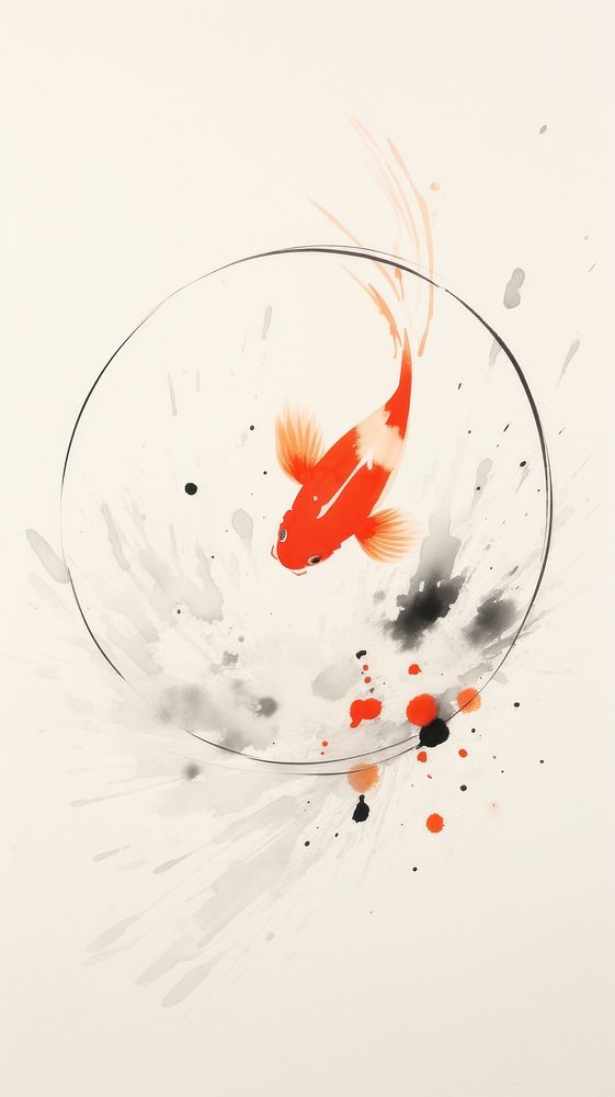Orange and black fish swimming in circle chinese brush animal splattered creativity.