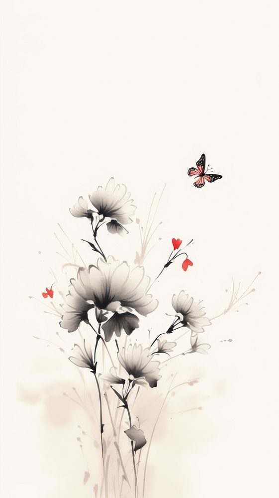 Butterfly with flower chinese brush painting drawing sketch.