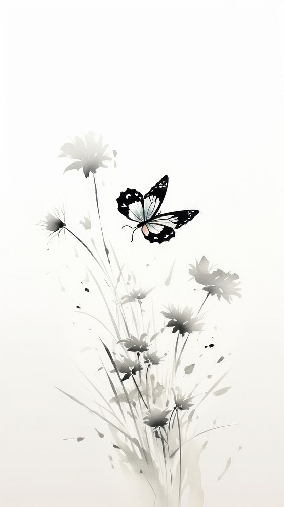 Butterfly with flower chinese brush drawing sketch plant.
