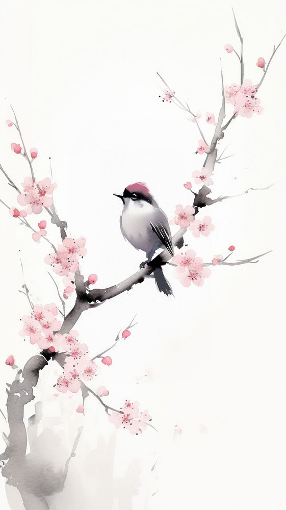 Bird with cherry blossoms chinese brush outdoors flower plant.