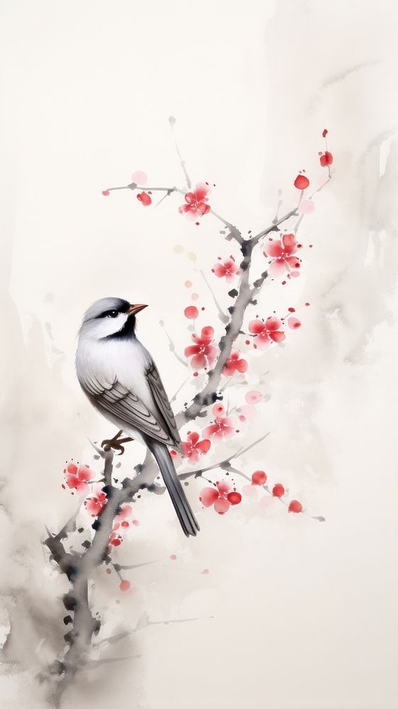 Bird with cherry blossoms chinese brush flower animal plant.