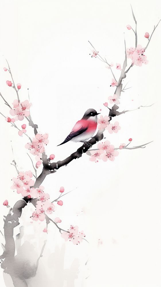 Bird with cherry blossoms chinese brush flower plant petal.