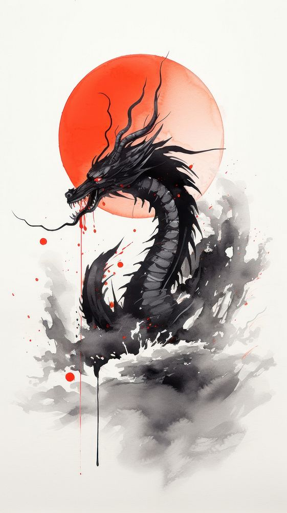 Black dragon with red sun chinese brush ink creativity splattered.
