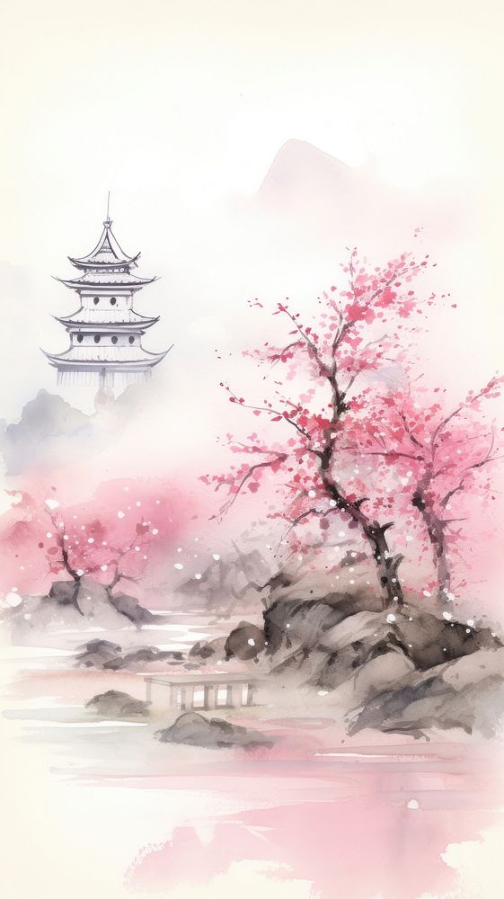 Cherry Blossoms with temple chinese brush blossom plant cherry blossom.