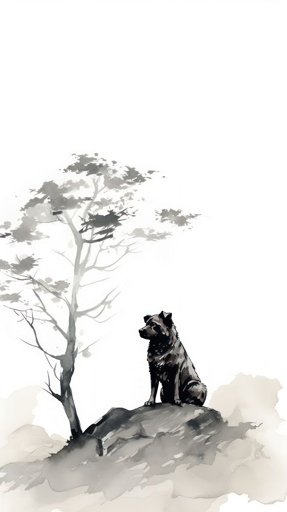 Dog with tree chinese brush drawing mammal animal.
