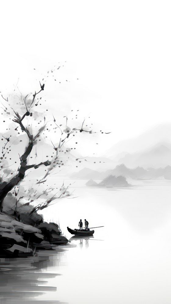 Landscape chinese brush silhouette watercraft landscape.