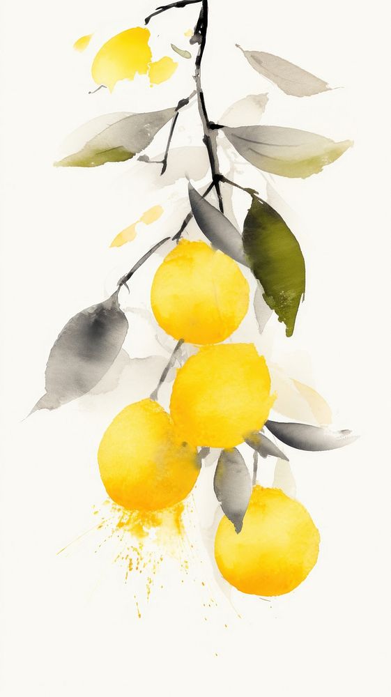 Lemon chinese brush painting fruit plant.