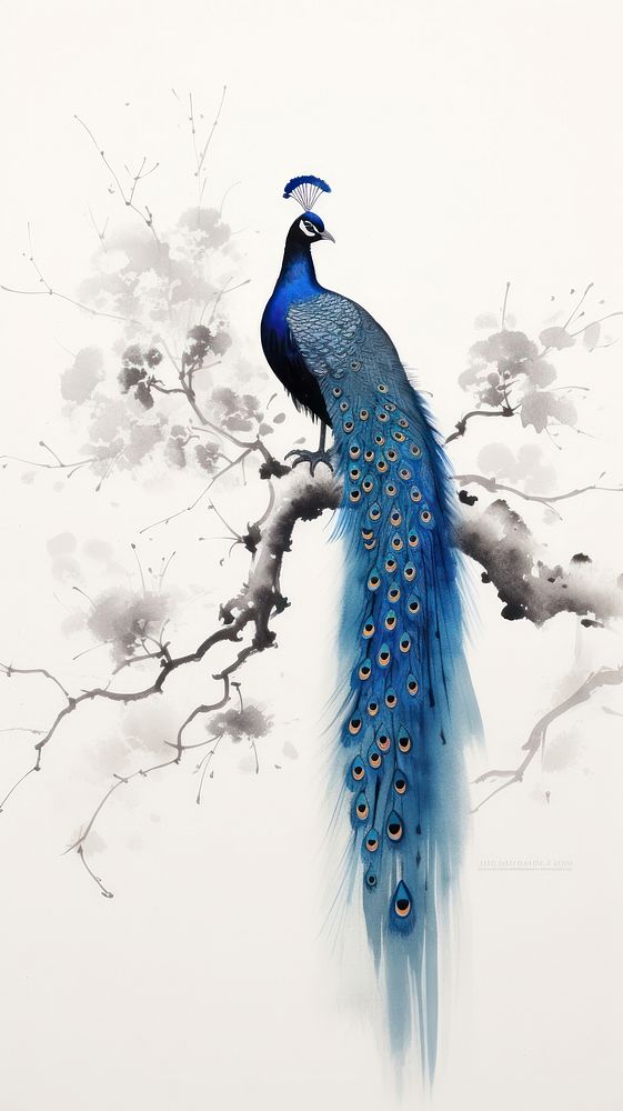 Peacock with tree chinese brush animal bird creativity.