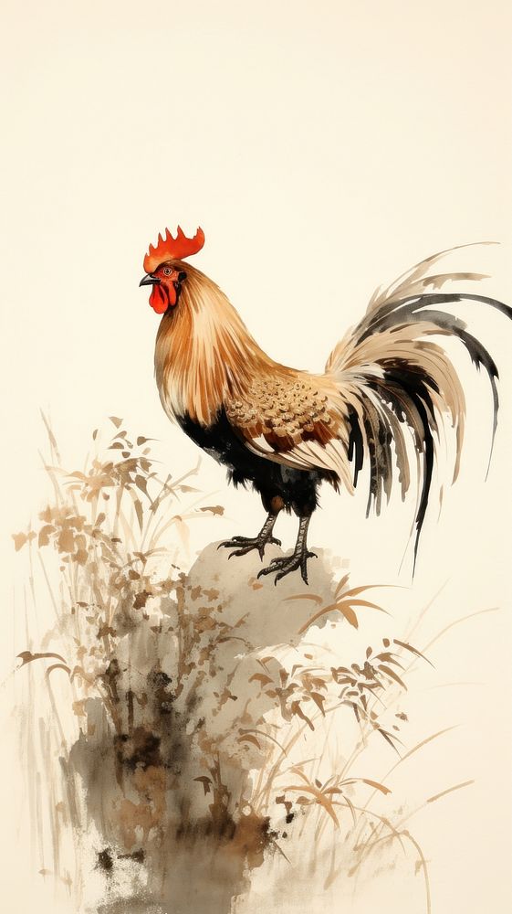 Rooster with tree chinese brush chicken poultry animal.