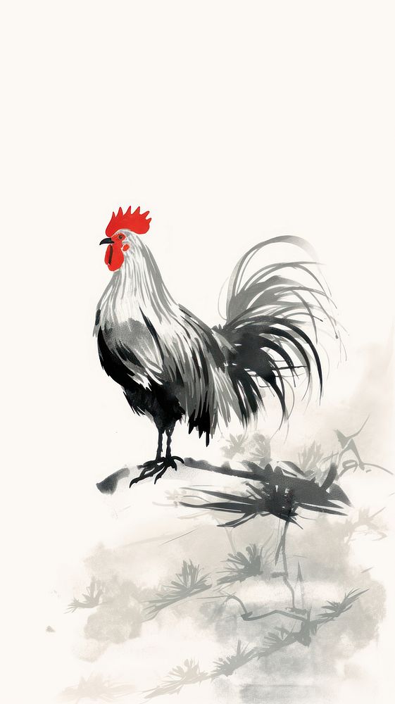 Rooster with tree chinese brush chicken poultry animal.