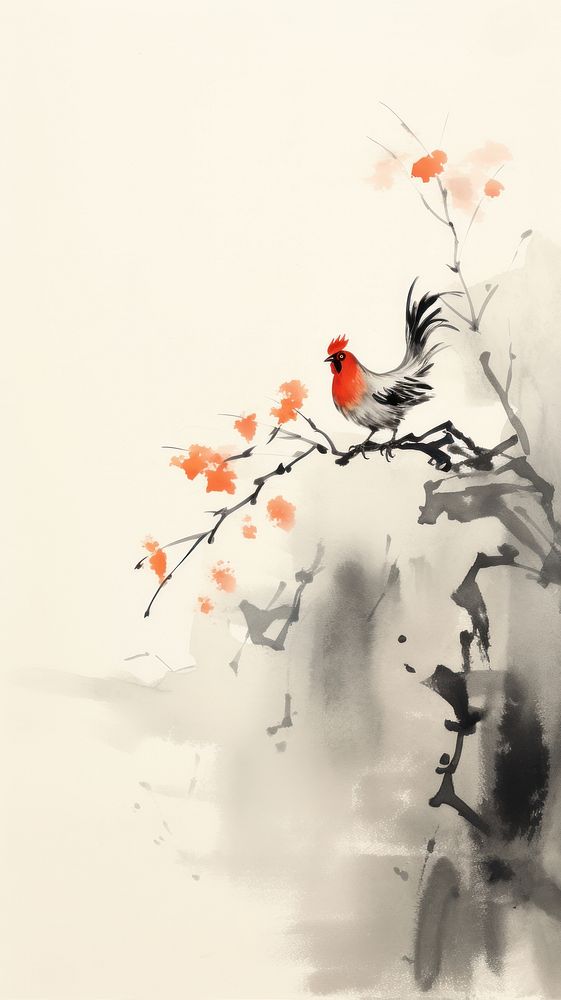 Rooster with persimmon chinese brush painting animal bird.