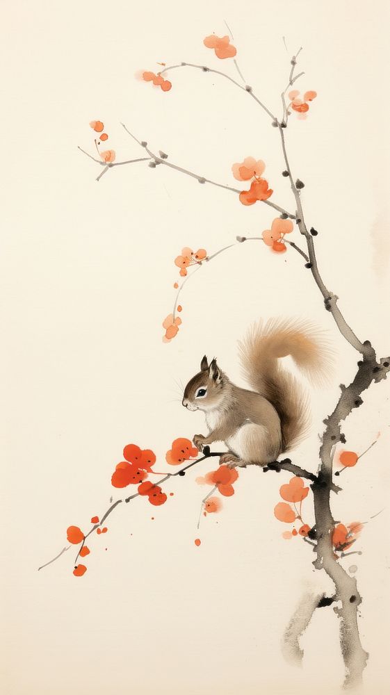 Squirrel with persimmon chinese brush painting animal mammal.