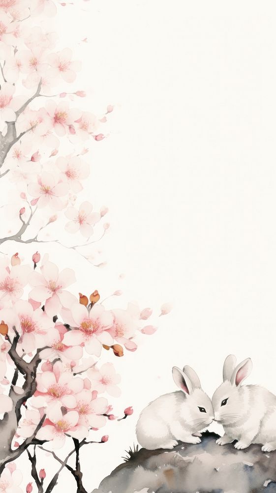 Two rabbits under the sakura tree in bloom chinese brush blossom flower animal.