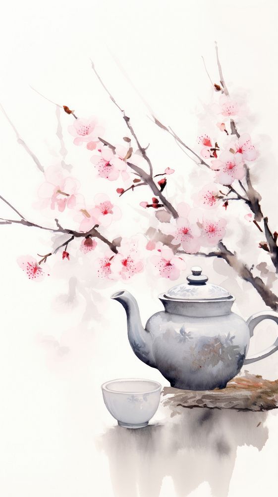 Teapot and teacup with sakura chinese brush painting blossom flower.