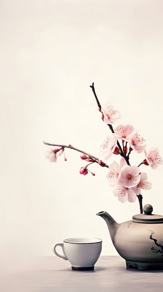 Teapot and teacup with sakura chinese brush blossom flower plant.