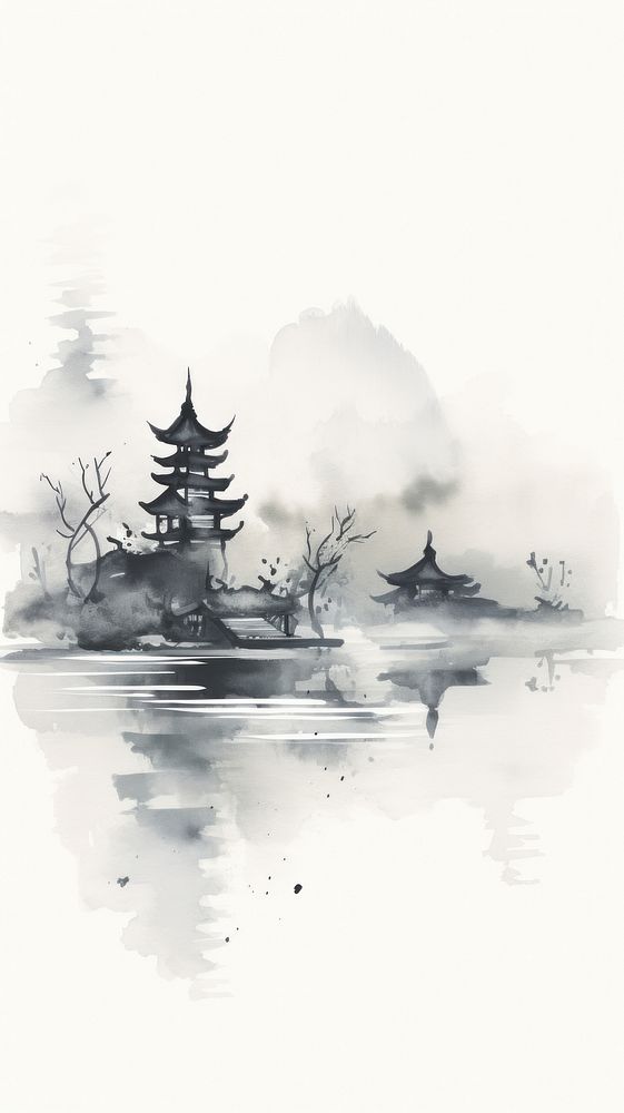 Temple chinese brush outdoors drawing sketch.