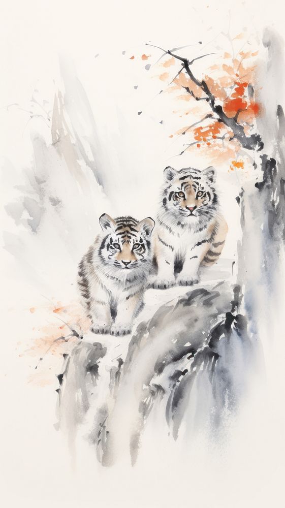 Tiger cubs with mountain chinese brush tiger wildlife painting.