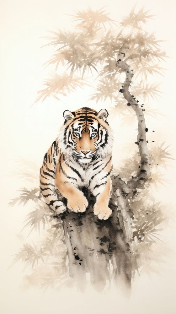 Tiger sitting under pine tree chinese brush wildlife animal mammal.