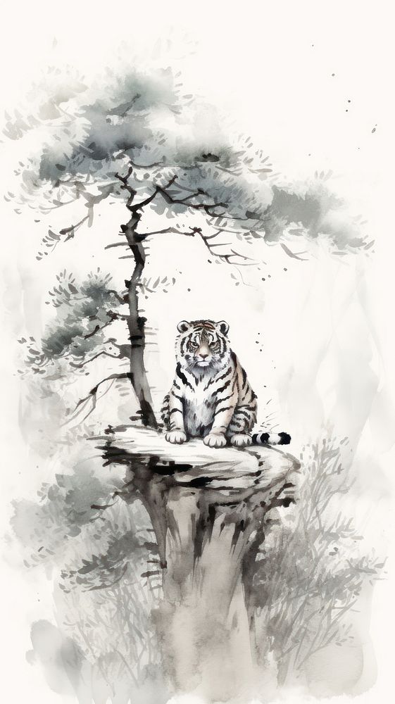 Tiger sitting under pine tree chinese brush wildlife drawing animal.