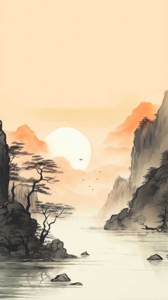 Waterfall and mountain at sunset chinese brush landscape outdoors painting.