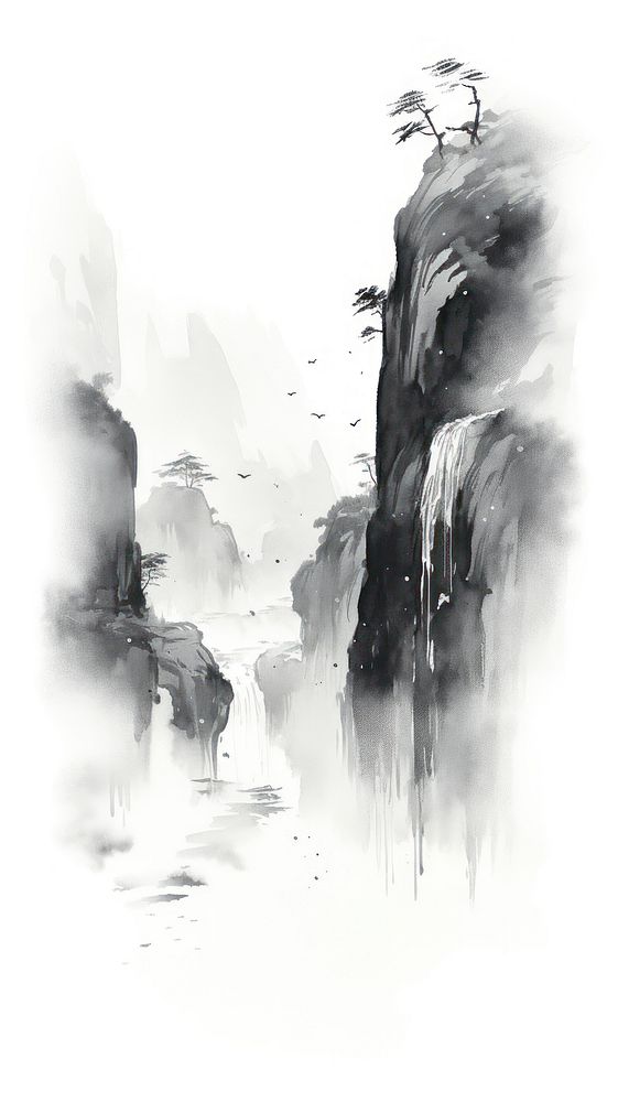 Waterfall and mountain chinese brush outdoors painting drawing.