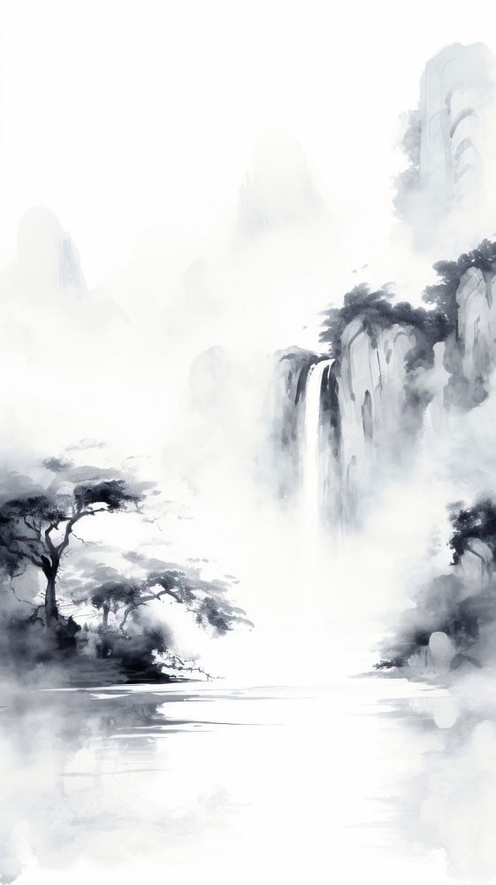 Waterfall and mountain chinese brush outdoors painting drawing.