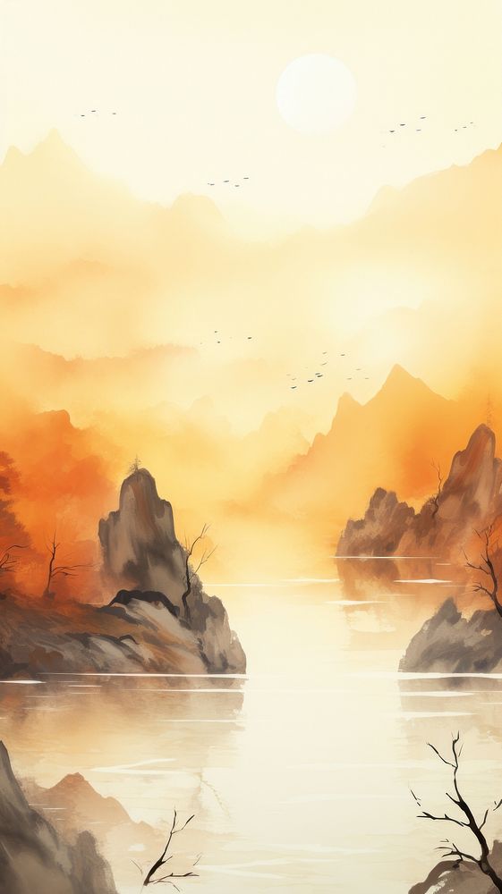 Waterfall and mountain at sunset chinese brush landscape outdoors painting.