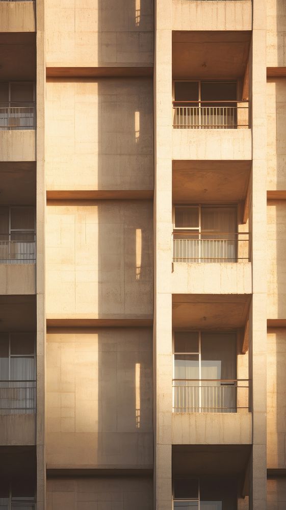 Tall brutalist building facade architecture sunlight balcony.
