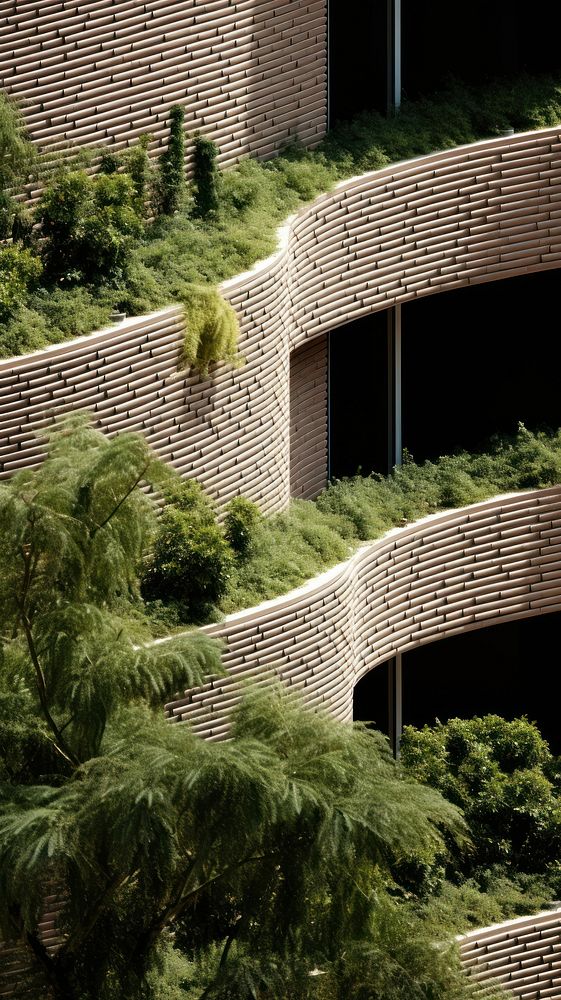 Bricks curve contemporary skyscraper facade bushes architecture building outdoors.