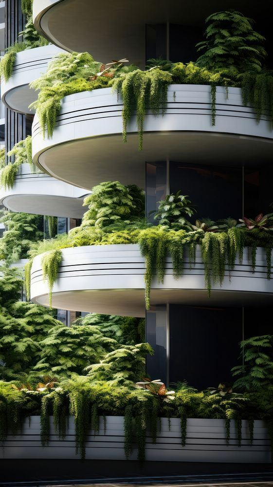 Curve contemporary skyscraper facade bushes architecture building outdoors.