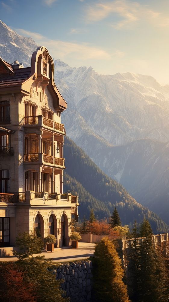 European hotel on the mountain road architecture building landscape.