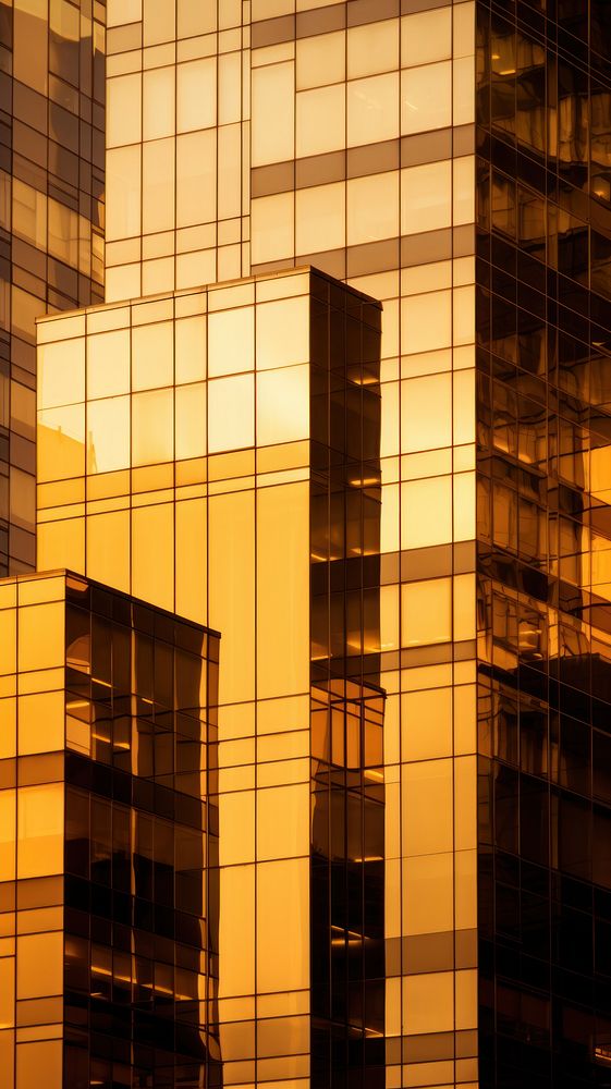 Gold glass facade reflecting office buildings architecture city headquarters.