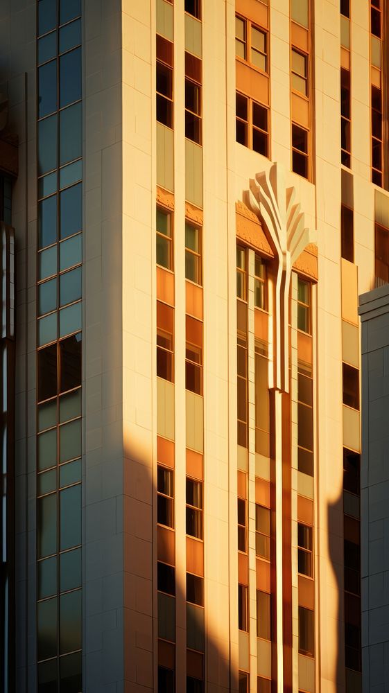 Layers of art deco office buildings architecture sunlight city.