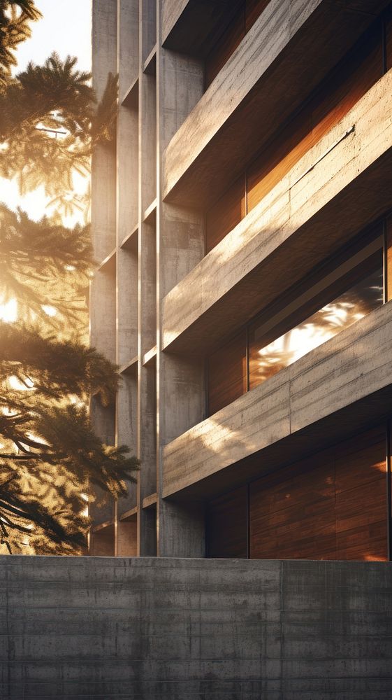 Leaning brutalist facade with wood and bushes architecture building sunlight.