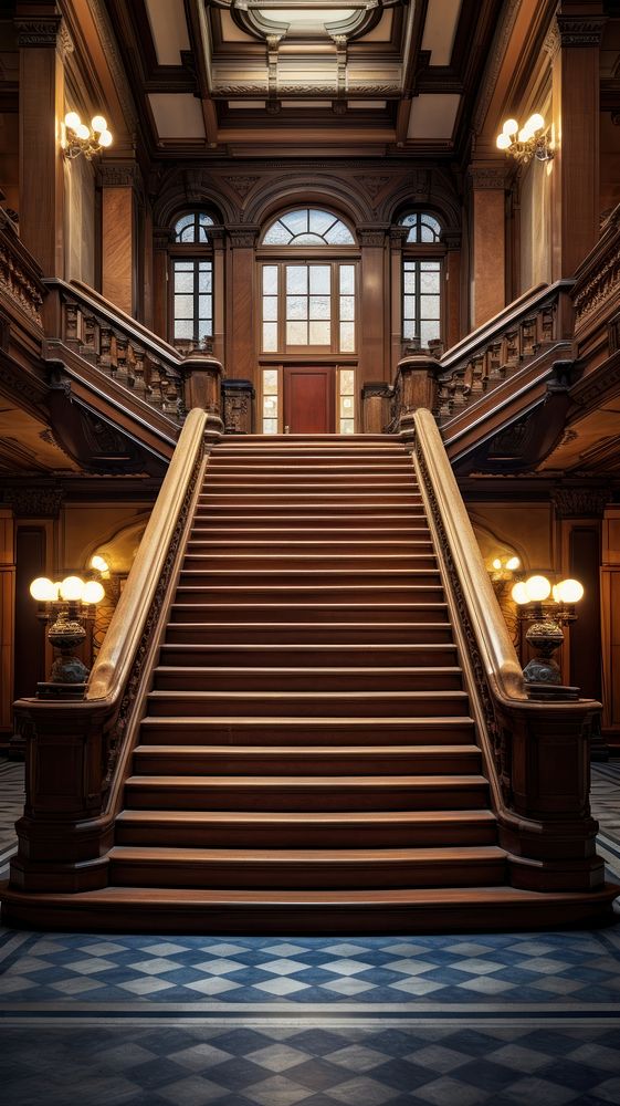 Low angle classic building main stairway hall architecture staircase stairs.