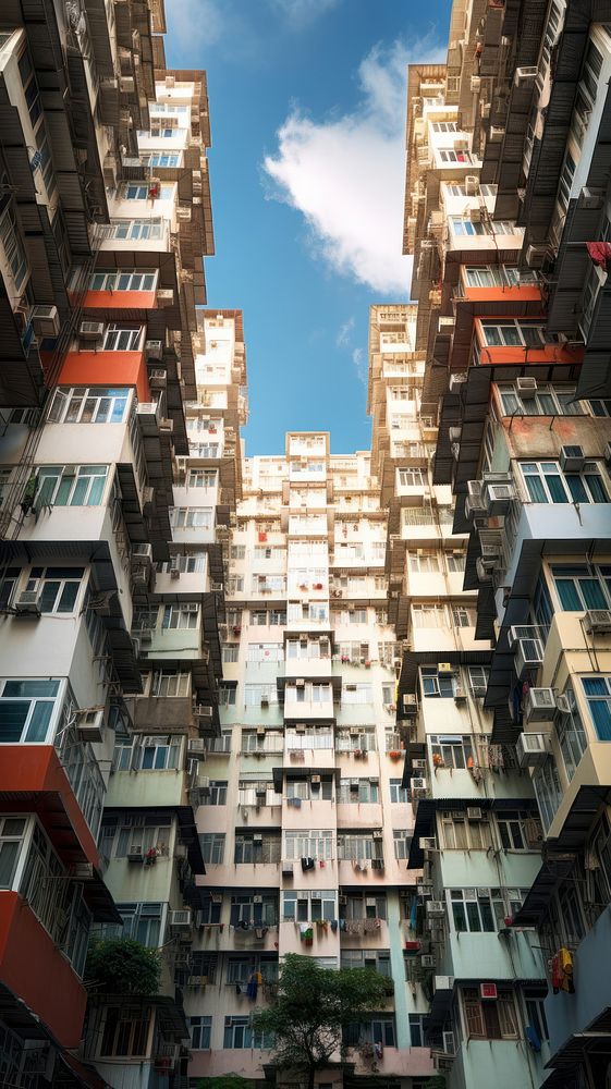 Low angle Hongkong apartment courtyard architecture building cityscape.