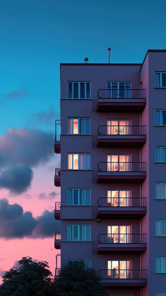 Pastel color apartment building architecture evening city.