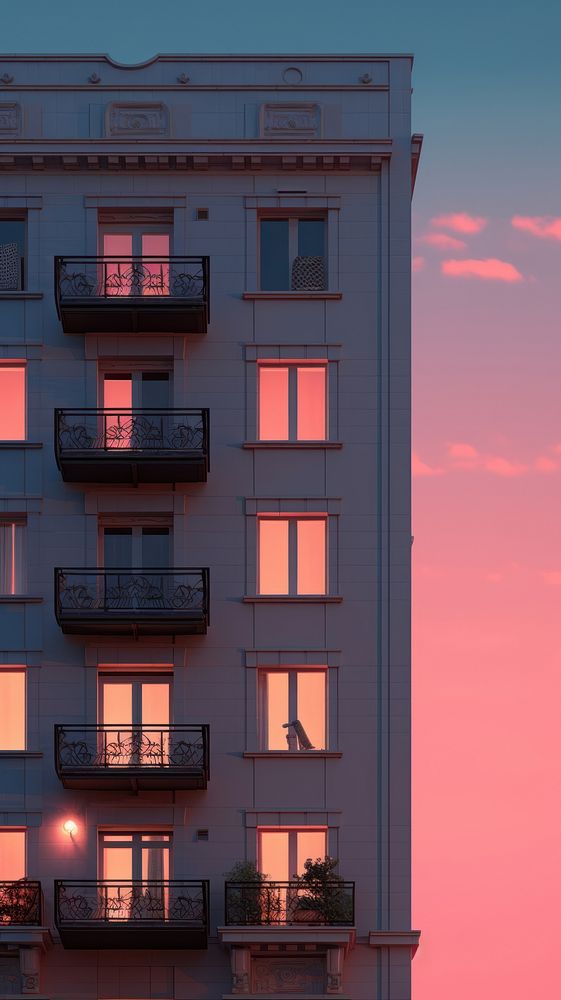 Pastel color apartment building architecture balcony evening.