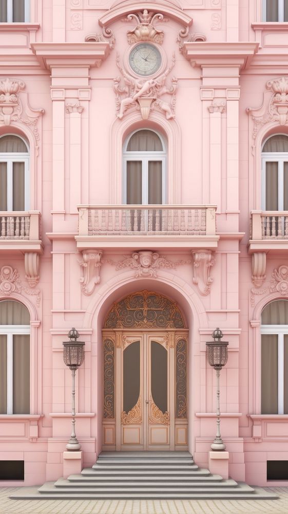 Pastle pink european town house facade architecture building window.