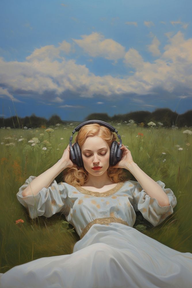 Painting grass headphones landscape.