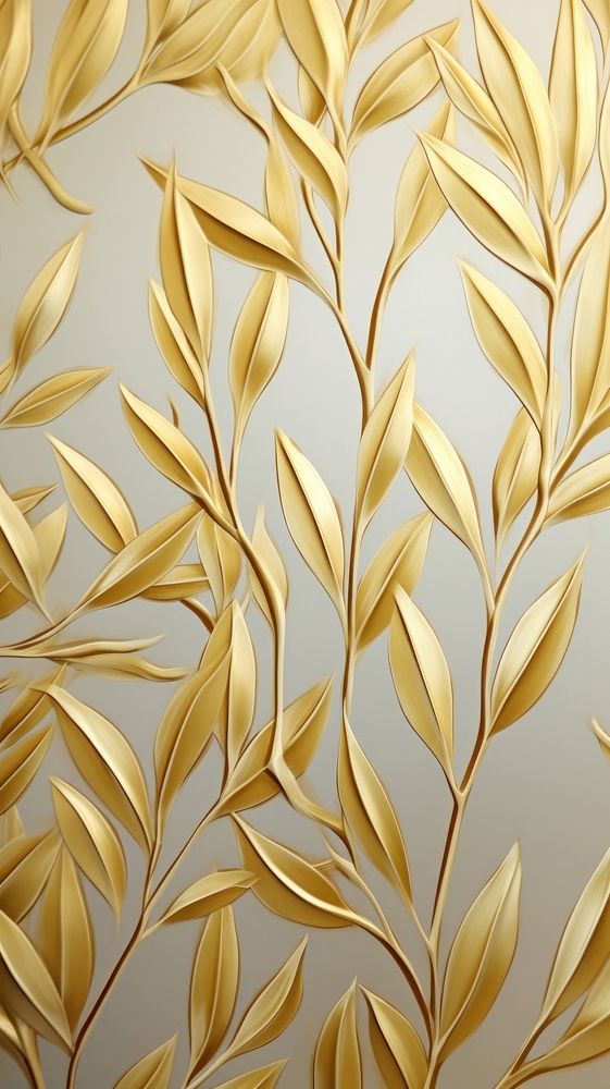 Gold olive leaf bas relief pattern wallpaper plant art.