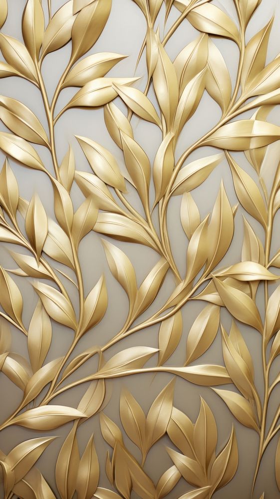 Gold olive leaf bas relief pattern art wallpaper plant.
