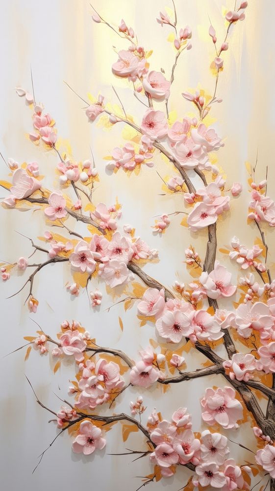 Gold cherry blossom bas relief pattern art flower plant.