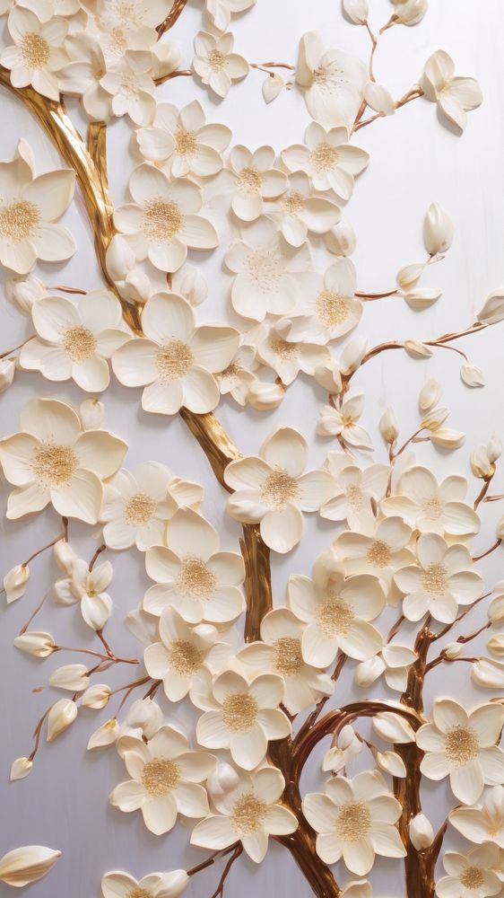 Gold cherry blossom bas relief pattern art flower plant.