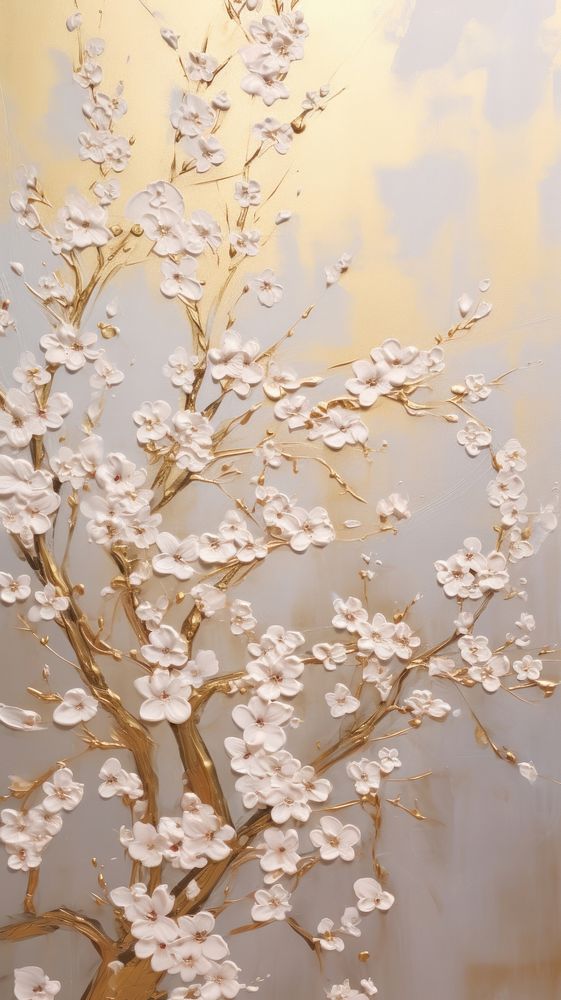 Gold cherry blossom bas relief pattern art wallpaper flower.