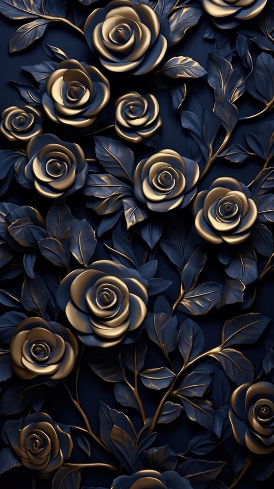 Gold roses bas relief pattern black arrangement backgrounds.