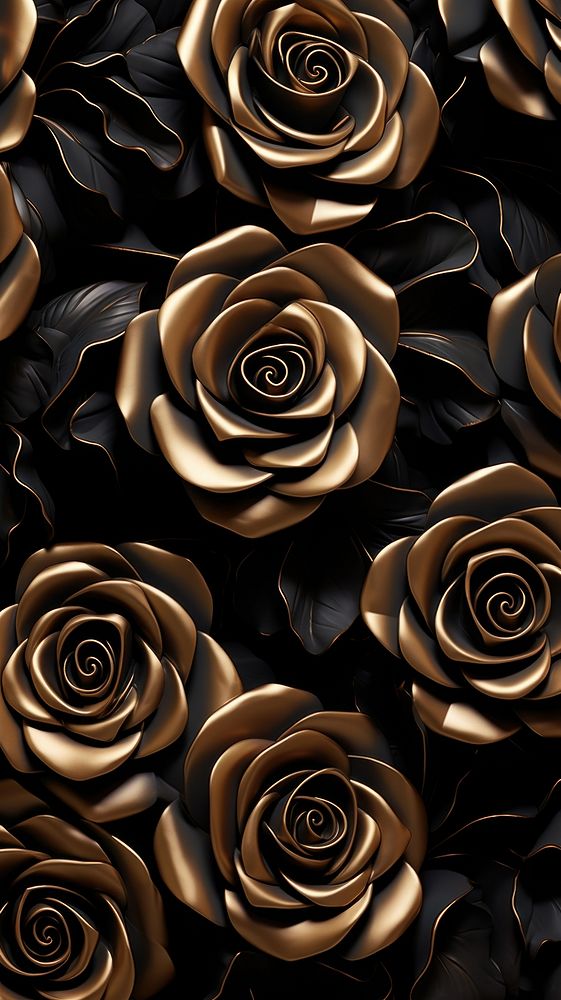 Gold roses bas relief pattern flower plant black.